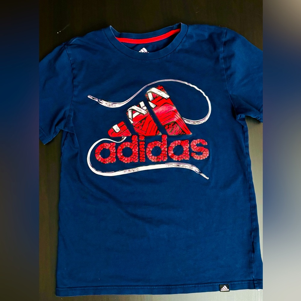 Blue Adidas Tee with Red Laced Logo. Like New.